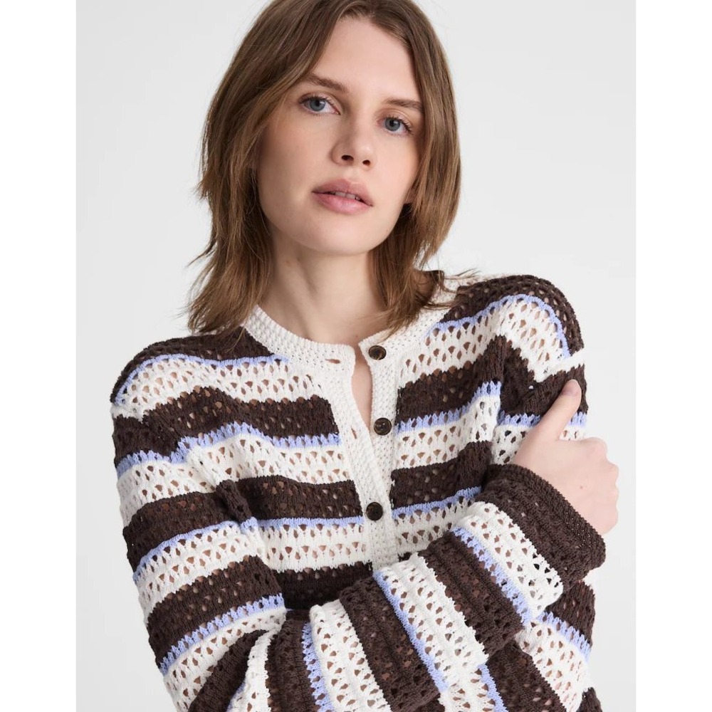 Madewell‎ Women Crochet Open Stitch Fisherman Cardigan Ivory Brown blue XL  NwT - Picture 3 of 5